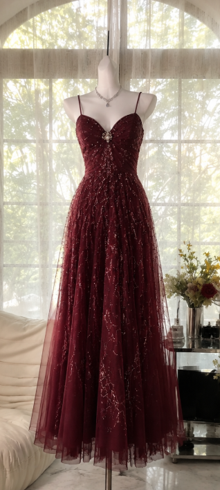 Chic Burgundy Prom Dress A-Line Chiffon Beaded Long Evening Dress DP06603