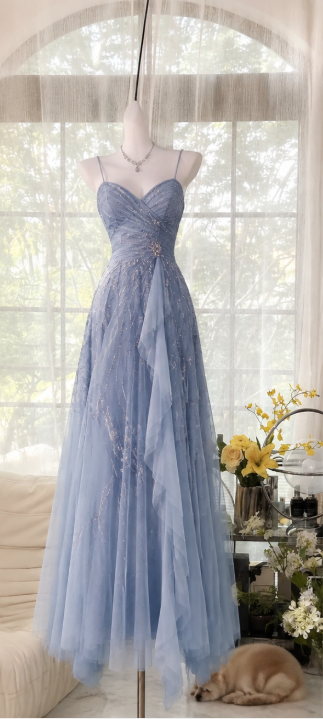 Robe de bal chic bleue trapèze en mousseline perlée, longue robe de soirée DP06604