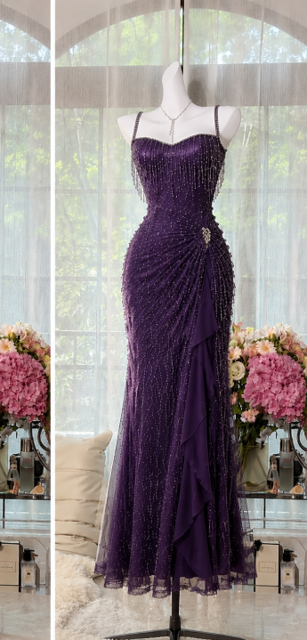 Chic Purple Prom Dress Sheath Chiffon Beaded Long Evening Dress DP06605）