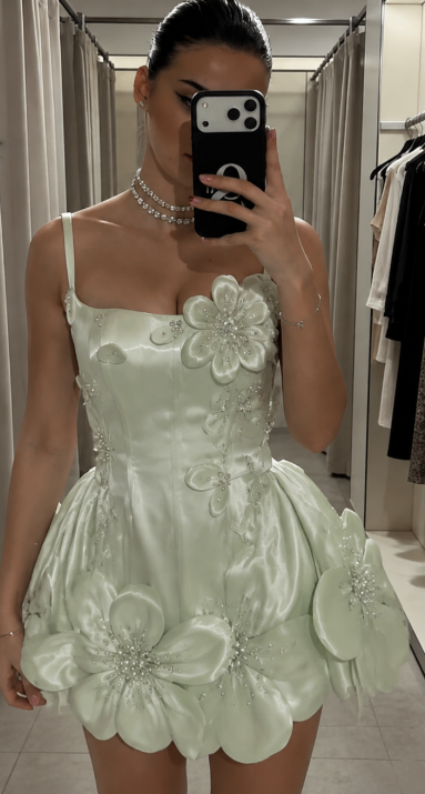 Robe de bal de fin d'année courte chic verte à bretelles, coupe trapèze en satin, DP06612