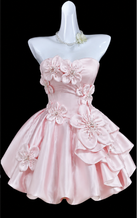 Schickes pinkfarbenes kurzes Homecoming-Kleid, trägerlos, A-Linie, Satin-Geburtstagskleid DP06614