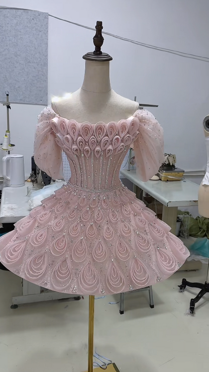 Schickes pinkes kurzes Homecoming-Kleid A-Linie Tüll Geburtstagskleid DP06615