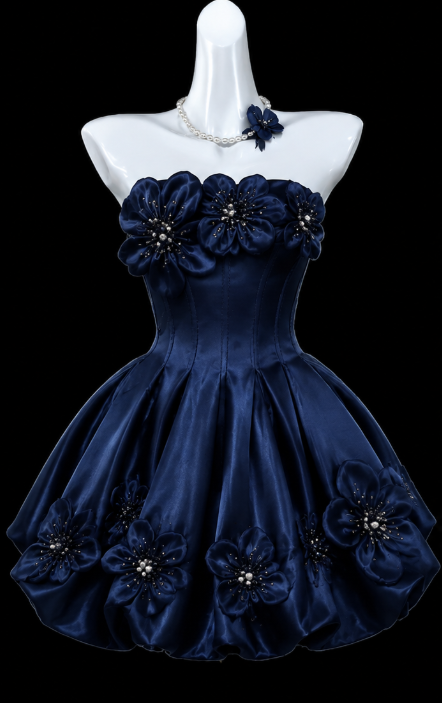 Robe Chic Bleu Marine Courte de Bal de Rentrée, Satinée, Coupe Trapèze pour Anniversaire DP06620