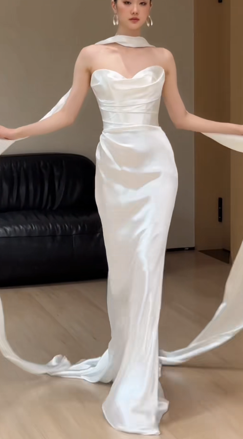 Chic White Sheath Satin Wedding Dress for Bride DP06627