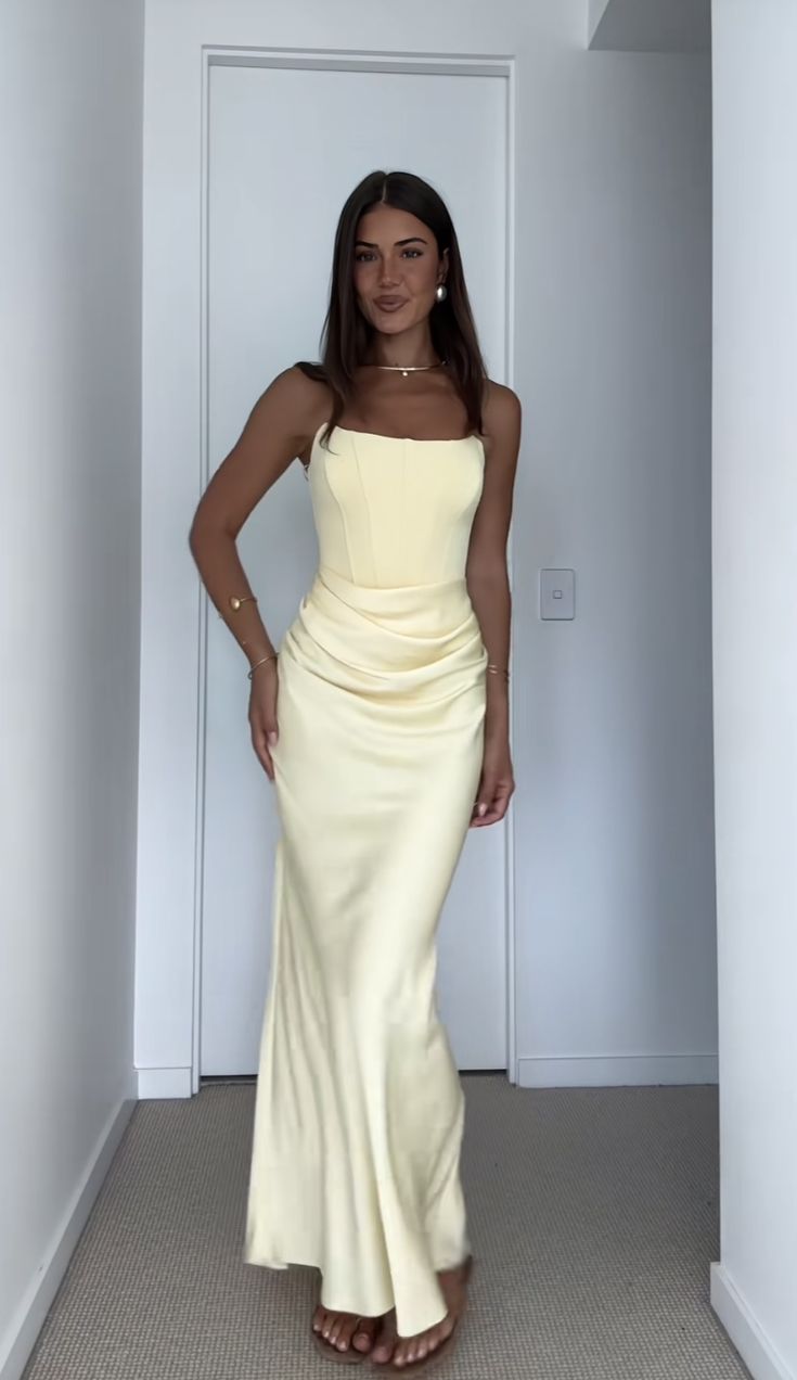 Robe de bal élégante jaune, fourreau en satin, robe de soirée longue DP06640