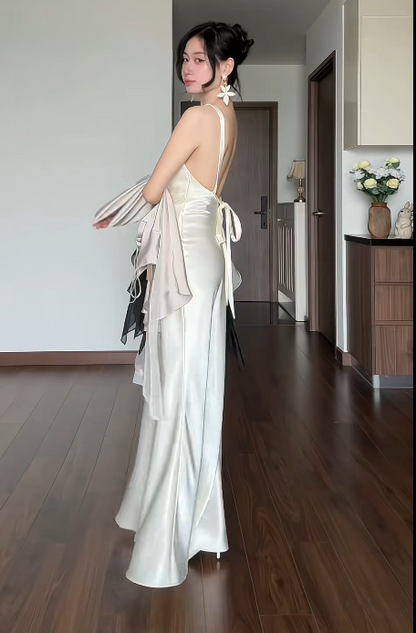Elegantes elfenbeinfarbenes Ballkleid, Scheide, Satin, langes Abendkleid DP06643