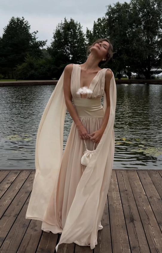 Elegant Champagne Prom Dress Sheath Chiffon Long Evening Dress DP06644