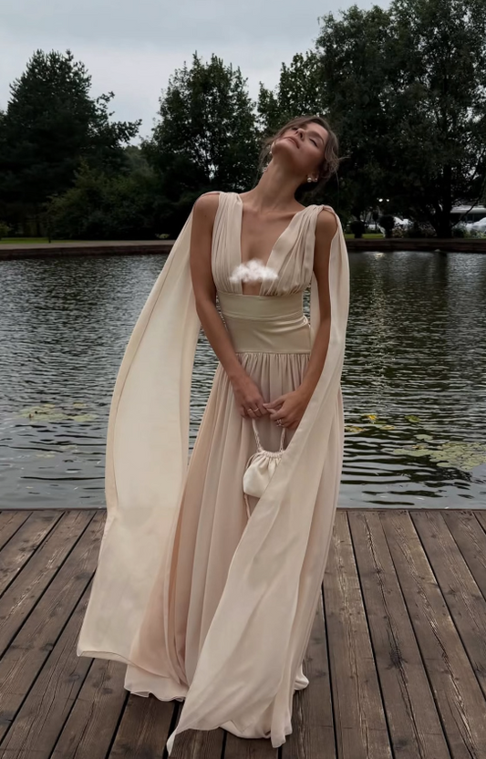 Elegant Champagne Prom Dress Sheath Chiffon Long Evening Dress DP06644