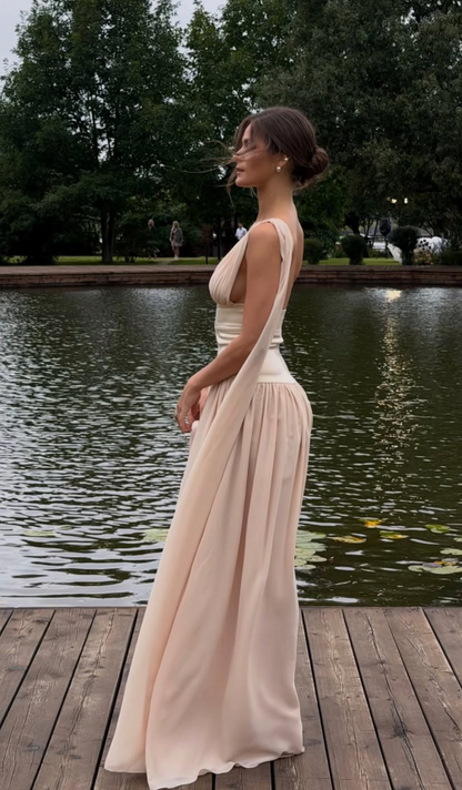 Elegant Champagne Prom Dress Sheath Chiffon Long Evening Dress DP06644
