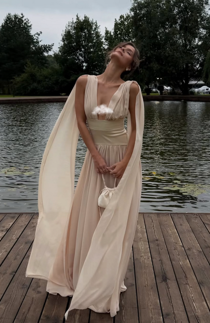 Elegant Champagne Prom Dress Sheath Chiffon Long Evening Dress DP06644