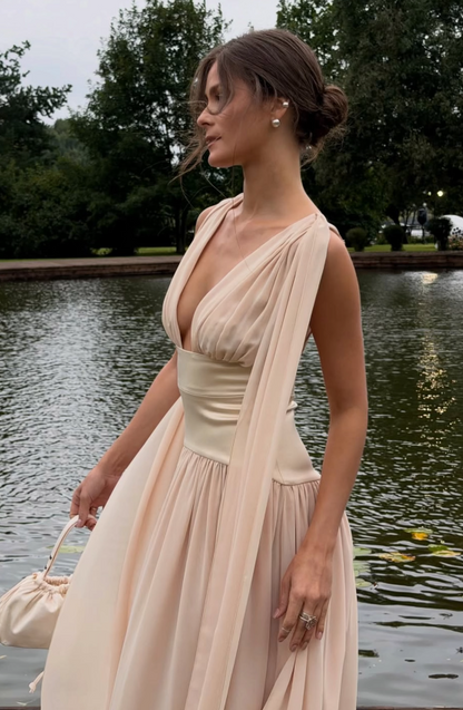 Elegant Champagne Prom Dress Sheath Chiffon Long Evening Dress DP06644