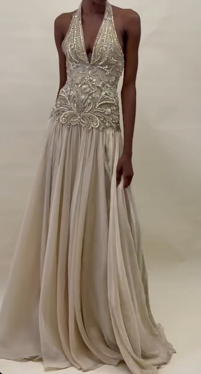 Elegant Ivory Prom Dress Sheath Beaded Chiffon Long Evening Dress DP06647