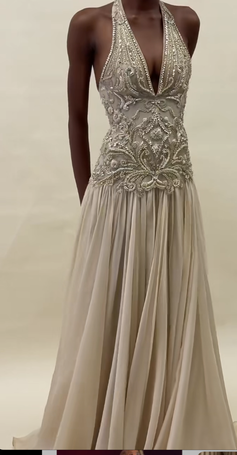 Elegant Ivory Prom Dress Sheath Beaded Chiffon Long Evening Dress DP06647