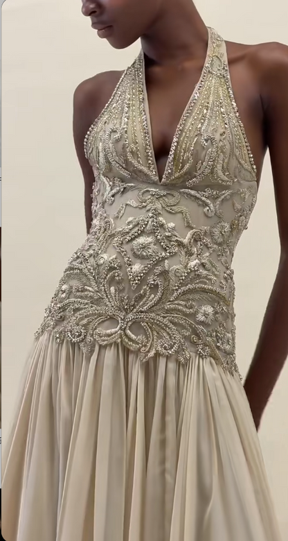 Elegant Ivory Prom Dress Sheath Beaded Chiffon Long Evening Dress DP06647