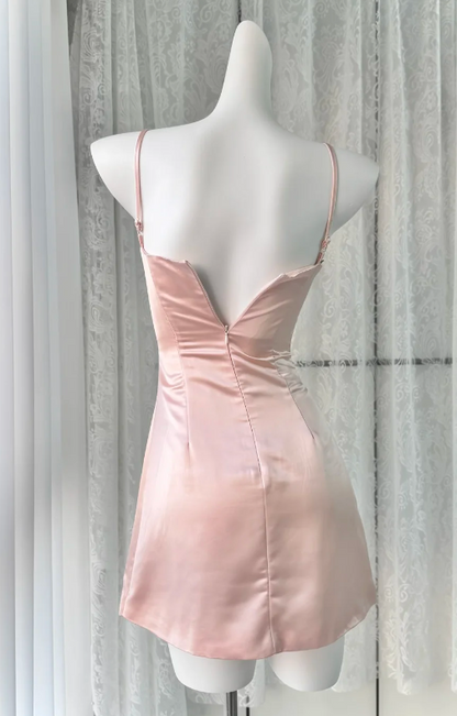 Elegantes kurzes, rosa Heimkehrkleid aus Satin, Etuikleid, 16. Geburtstagskleid DP06654