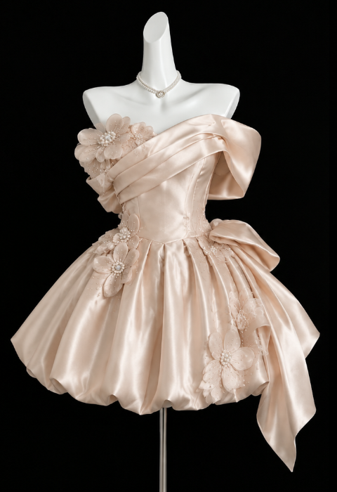 Elegantes kurzes Champagner-Heimkehrkleid Satin A-Linie 16. Geburtstagskleid DP06661