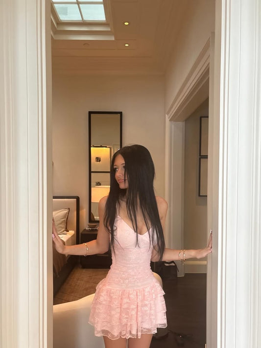 Schickes pinkfarbenes kurzes Heimkehrkleid Spitzen-Scheiden-Geburtstagskleid DP06677