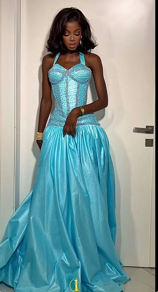 Elegantes blaues Ballkleid aus Satin, Etuikleid, langes Abendkleid DP06688