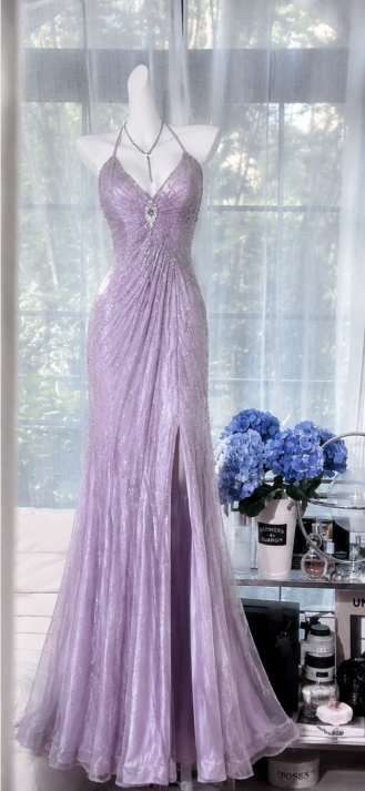 Elegantes hellviolettes Ballkleid aus Chiffon mit Perlenbesatz, enganliegend, langes Abendkleid DP06692