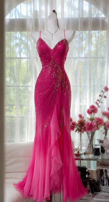 Chic Hot Pink Prom Dress Chiffon Beaded Sheath Long Evening Dress DP06693