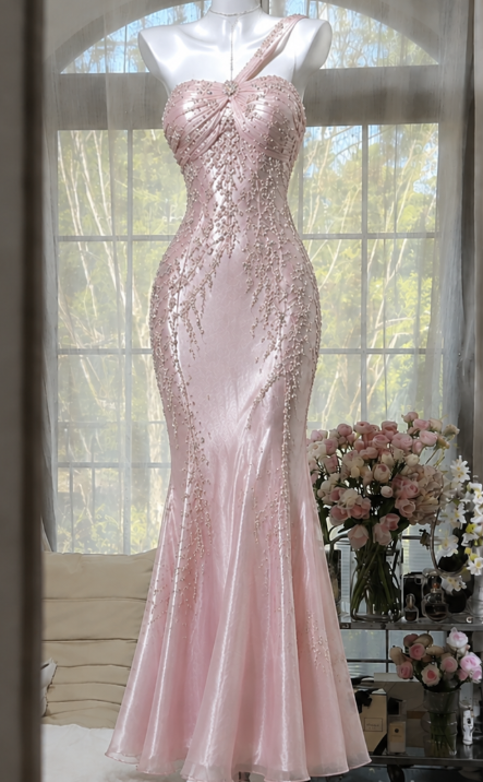 Elegantes rosa Abendkleid Meerjungfrau Chiffon Perlen Lang Ballkleid DP06696