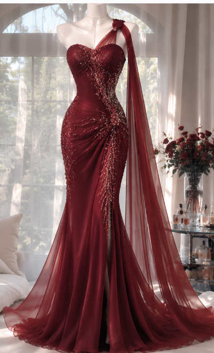 Elegant Burgundy Evening Dress Mermaid Chiffon Beaded Long Prom Dress DP06698