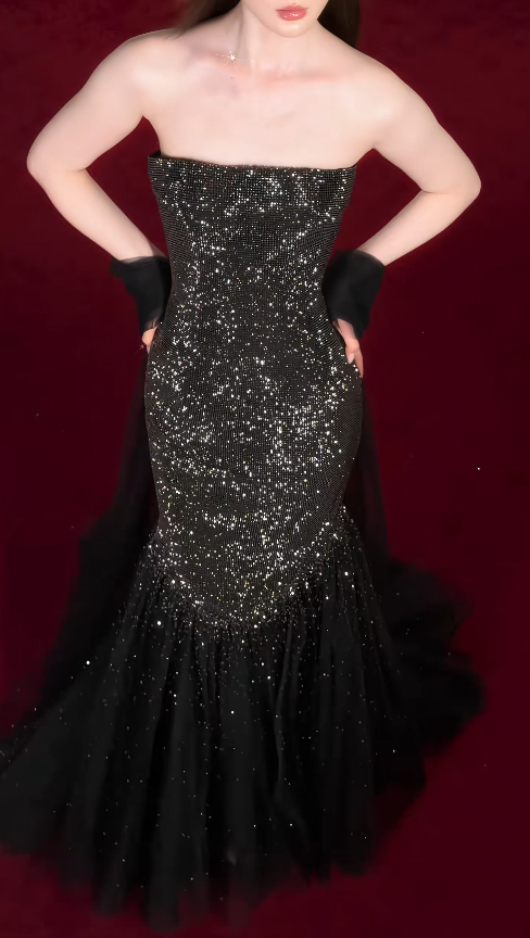 Elegant Black Evening Dress Mermaid Tulle Long Prom Dress DP06703