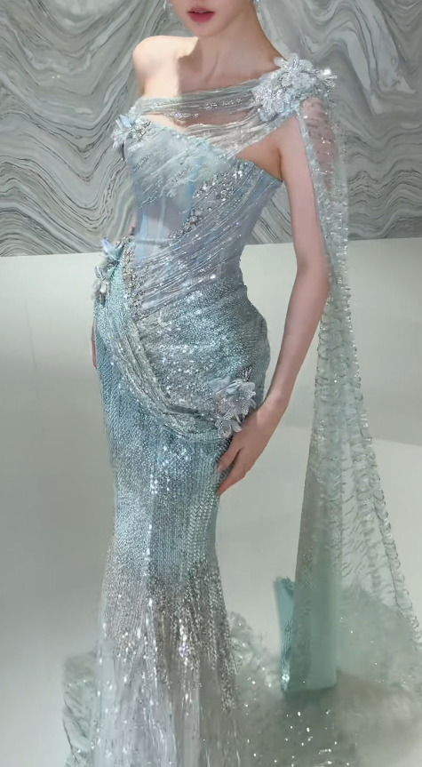Elegantes Tiffany-Blau Abendkleid Meerjungfrau Tüll Langes Ballkleid DP06704