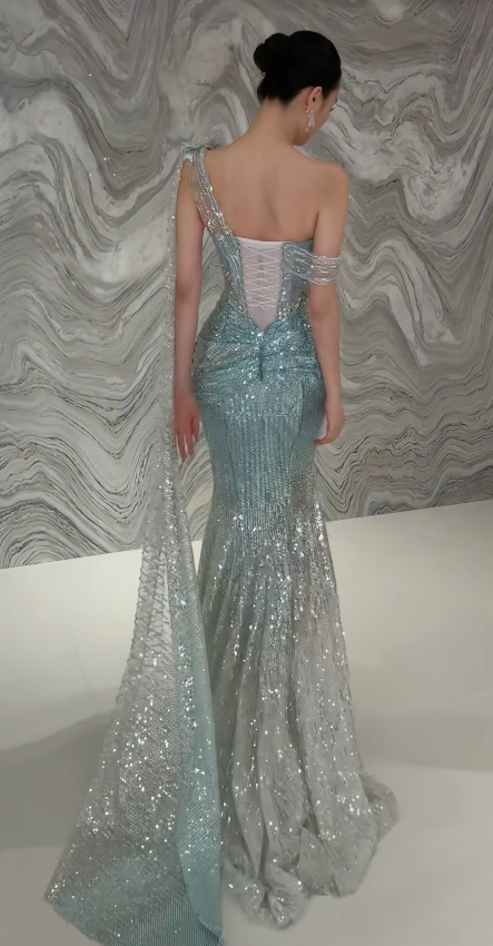 Elegantes Tiffany-Blau Abendkleid Meerjungfrau Tüll Langes Ballkleid DP06704