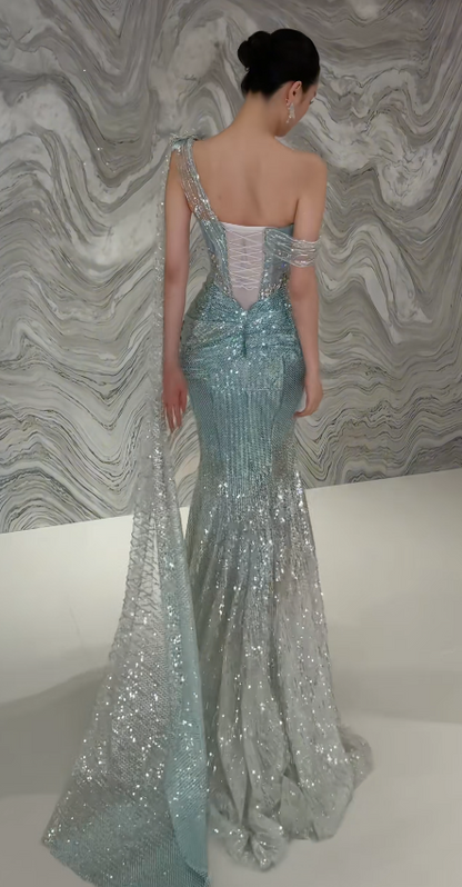 Elegantes Tiffany-Blau Abendkleid Meerjungfrau Tüll Langes Ballkleid DP06704