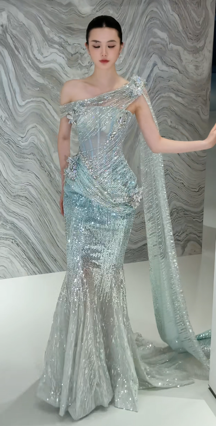 Elegantes Tiffany-Blau Abendkleid Meerjungfrau Tüll Langes Ballkleid DP06704