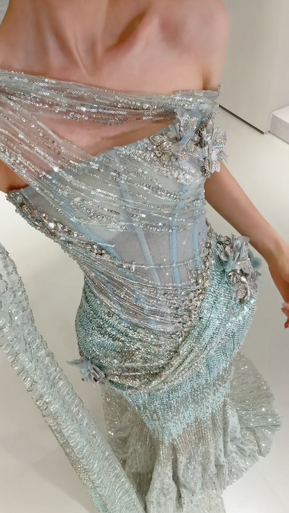 Elegantes Tiffany-Blau Abendkleid Meerjungfrau Tüll Langes Ballkleid DP06704