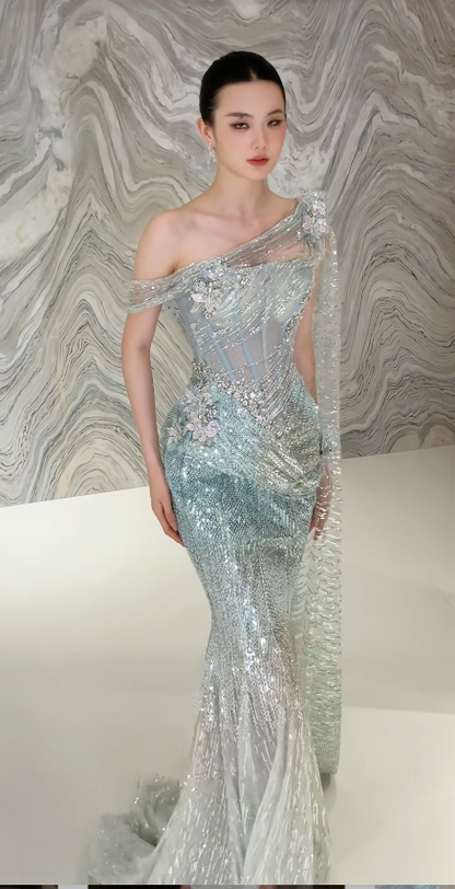 Elegantes Tiffany-Blau Abendkleid Meerjungfrau Tüll Langes Ballkleid DP06704