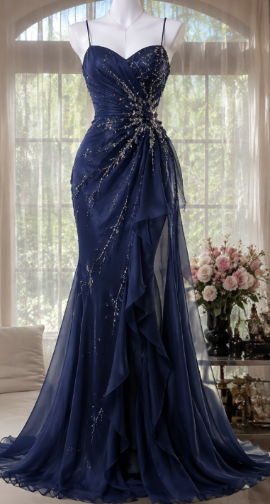 Elegant Navy Blue Evening Dress Sheath Satin Long Prom Dress DP06709