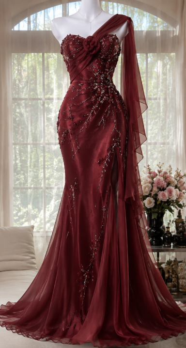Elegant Burgundy Evening Dress Mermaid Chiffon Beaded Long Prom Dress DP06711