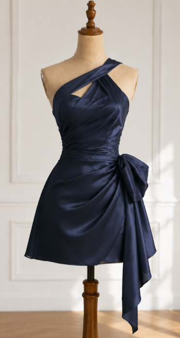 Fashion Navy Blue Hoco Dress Sheath Satin Birthday Dress DP06719