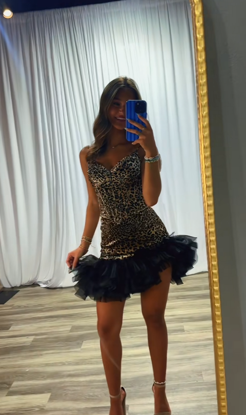 Fashion Leopard Birthday Dress Sheath Satin Homecoming Dress DP06740
