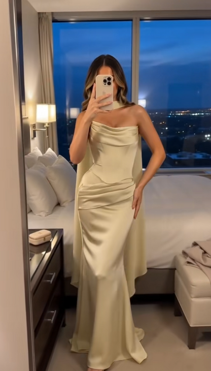 Fashion Yellow Prom Dress Sheath Satin Evening Dress DP06756