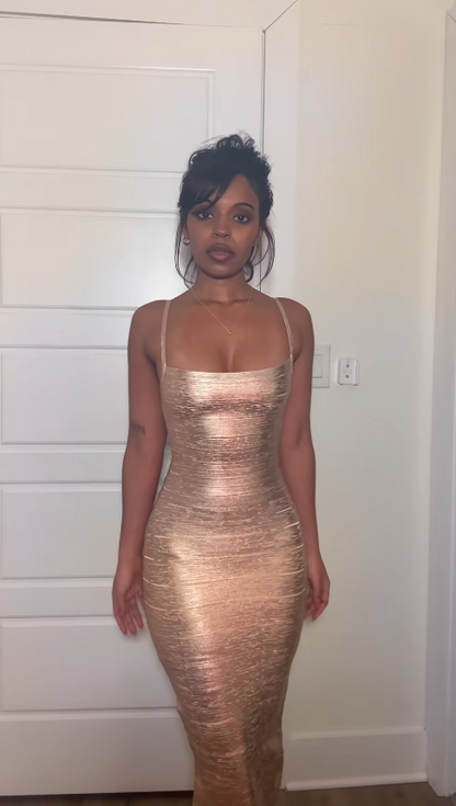 Chic Gold Long Evening Dress Sheath Satin Prom Dress DP06765