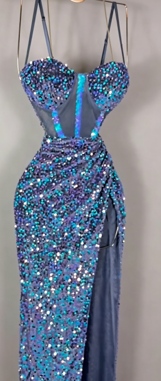 Chic Blue Long Evening Dress Sheath Sequins Prom Dress DP06768