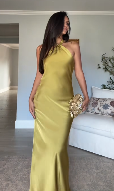 Chic Yellow Long Evening Dress Sheath Satin Prom Dress DP06770