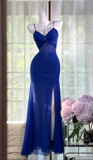 Elegant Blue Prom Dress Sheath Chiffon Beaded Long Evening Dress DP06816
