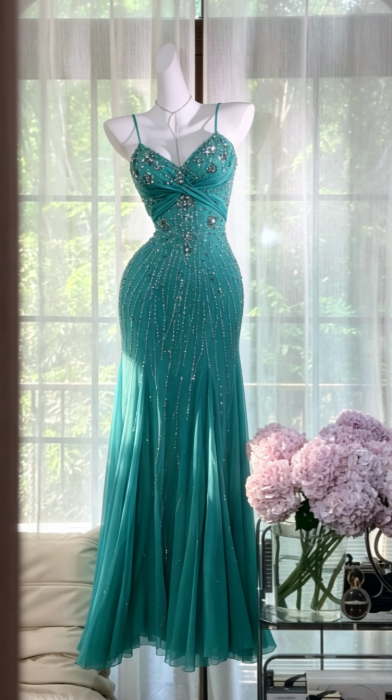 Elegantes tealfarbenes Etui-Abendkleid aus Chiffon mit Perlenbesatz DP06824