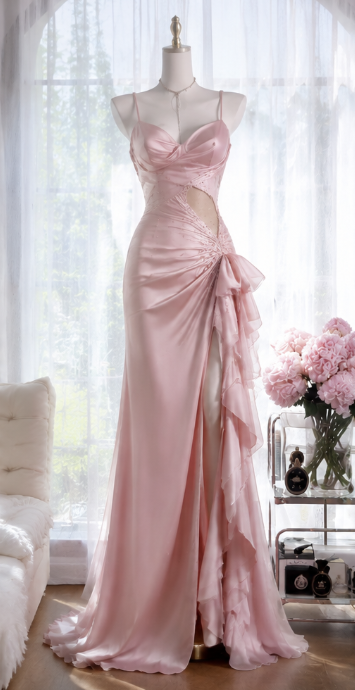 Elegant Pink Prom Dress Sheath Satin Beaded Long Evening Dress DP06825