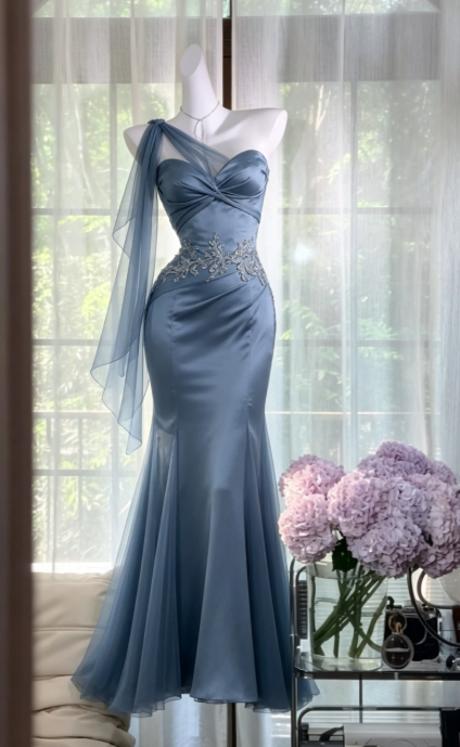 Elegant Blue Prom Dress Sheath Satin Long Evening Dress DP06828