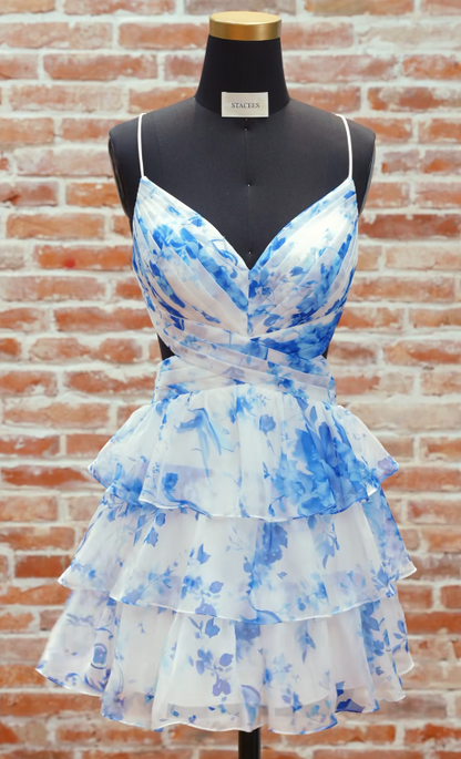 Robe de soirée chic bleu ligne A en mousseline DP06871