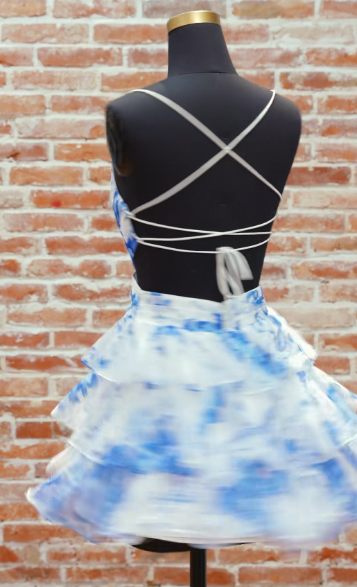 Robe de soirée chic bleu ligne A en mousseline DP06871