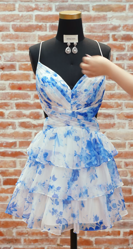 Robe de soirée chic bleu ligne A en mousseline DP06871