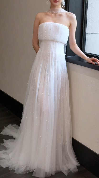 White Wedding Dress Sheath Tulle Bridal Gown DP06923