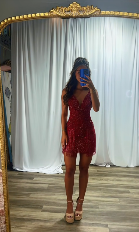 Cute Burgundy Sheath Beaded Birthday Dress Short Homecoming Dress DP06937